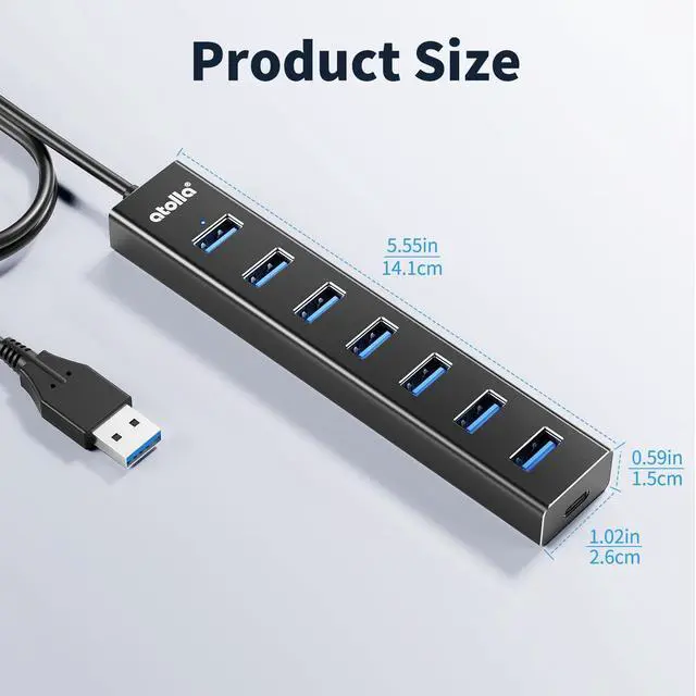 Alt view image 14 of 14 - Aluminum 7-Port USB 3.0 Hub with 1m Extension Cable - 5Gbps High-Speed Data Transfer for MacBook Pro, Laptop, PC, Gaming Setup