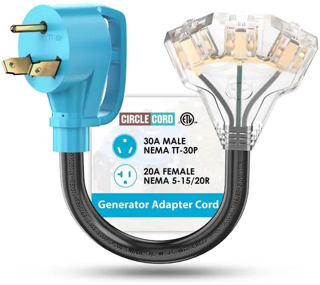 Alt view image 8 of 14 - 30 Amp to 110V RV/Generator Distribution Adapter Cord, NEMA TT-30P Male to 3X 5-15R/5-20R T-Blade Household Outlet Female with LED Power Indicator 3750W