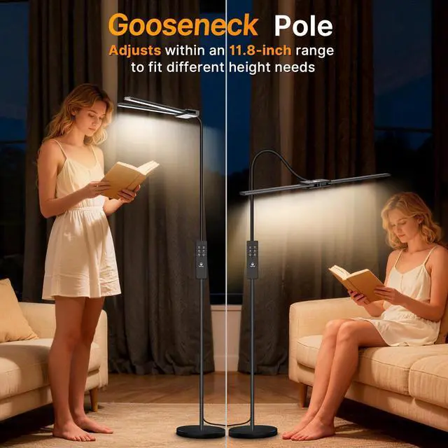 Alt view image 12 of 14 - LED Floor Lamp, 14W 2000LM Bright Reading Floor Lamp for Office, Gesture & Remote Control, Dual Head Goose-Neck Standing Lamp, Dimmable Brightness & Color Temp, Eye Caring Light for Living Room