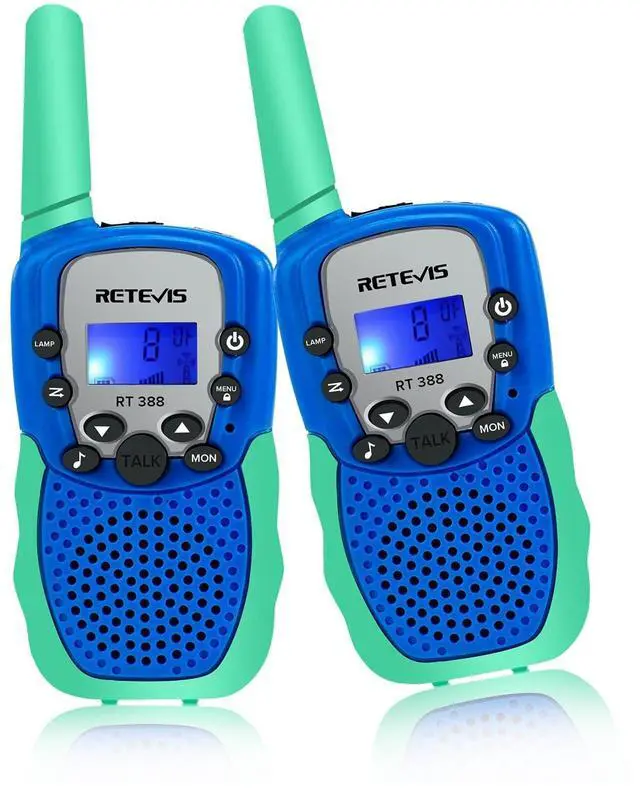 Alt view image 8 of 14 - RT388 Walkie Talkies for Kids, Toys for 6-12 Year Old Boy Girl, Long Range 2 Way Radio 22 Channel with Backlit LCD Flashlight, Kids Gifts for Boys Girls Family Games Outdoor(Blue Green 1 Pair)