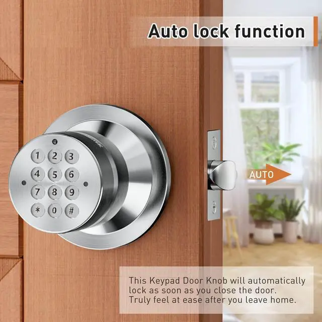 Alt view image 10 of 14 - Keyless Entry Door Lock, Door Knob with Keypad, Smart Code Door Lock, Mute Mode, Passage Function, Easy to Install, Satin Nickel