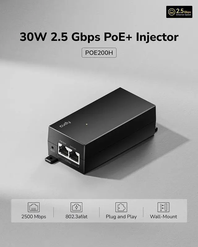 Alt view image 9 of 14 - New 30W 2.5 Gbps PoE+ Injector Adapter, 30W, 2500/1000/100Mbps RJ-45, IEEE 802.3af / 802.3at Compliant, up to 100 Meters (325 Feet), PoE200H