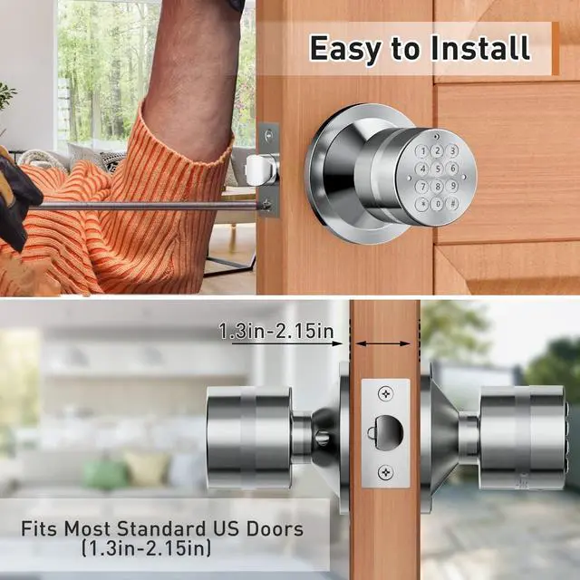 Alt view image 13 of 14 - Keyless Entry Door Lock, Door Knob with Keypad, Smart Code Door Lock, Mute Mode, Passage Function, Easy to Install, Satin Nickel
