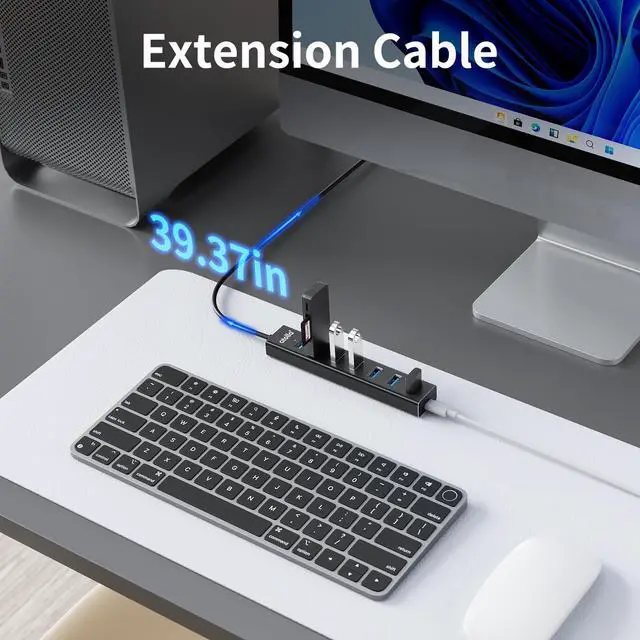 Alt view image 13 of 14 - Aluminum 7-Port USB 3.0 Hub with 1m Extension Cable - 5Gbps High-Speed Data Transfer for MacBook Pro, Laptop, PC, Gaming Setup