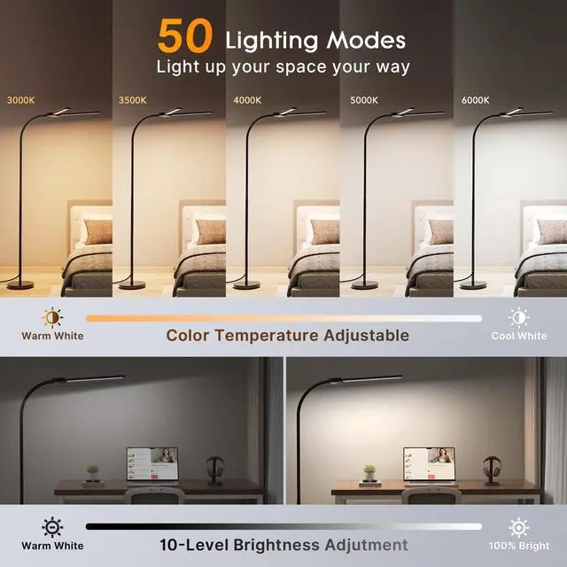 Alt view image 9 of 14 - LED Floor Lamp, 14W 2000LM Bright Reading Floor Lamp for Office, Gesture & Remote Control, Dual Head Goose-Neck Standing Lamp, Dimmable Brightness & Color Temp, Eye Caring Light for Living Room