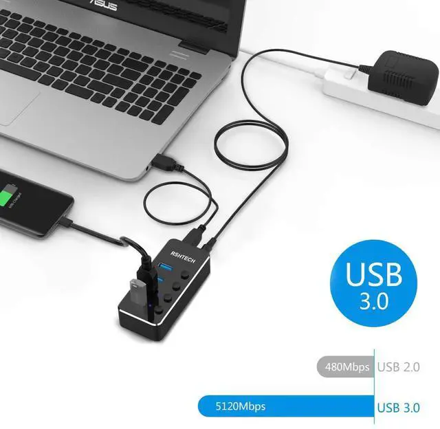 Alt view image 8 of 12 - Powered USB Hub, 4 Port USB 3.0 Hub Splitter Portable Aluminum USB Data Hub Expander with Individual On/Off Switch and Universal 5V AC Adapter, 3.3ft USB 3.0 Cable (RSH-516)