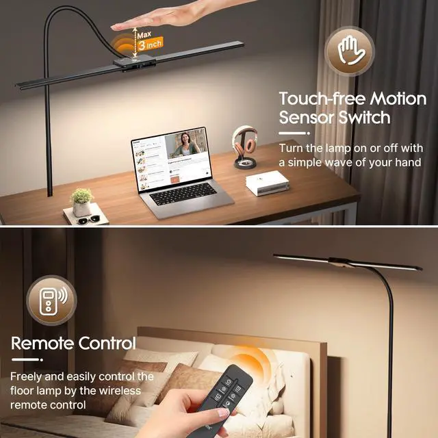 Alt view image 14 of 14 - LED Floor Lamp, 14W 2000LM Bright Reading Floor Lamp for Office, Gesture & Remote Control, Dual Head Goose-Neck Standing Lamp, Dimmable Brightness & Color Temp, Eye Caring Light for Living Room