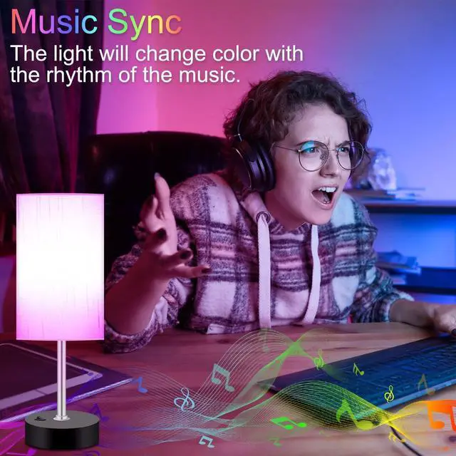 Alt view image 14 of 14 - Bedroom Lamp with Smart RGB LED Bulb, Multicolor Changing Table Lamp for Bedroom with 2 USB Port, Dimmable Bedside Lamp Work with Alexa, Smart Nightstand Light for Living Room Sync with Music(2.4GHz)