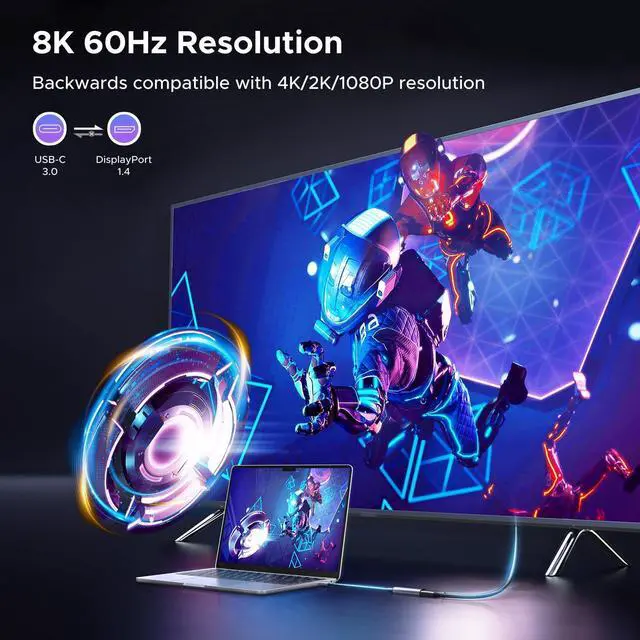 Alt view image 9 of 14 - 8K@60Hz USB C to DisplayPort 1.4 Adapter Cable 4K@240Hz Thunderbolt 4/3 to Display Port Converter with HDR VRR ALLM Braided Compatible with iPhone 17/16, Galaxy S25, MacBook Pro/Air, iPad XPS