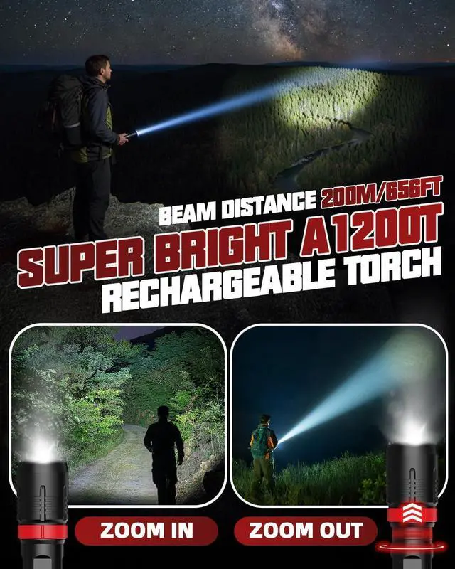 Alt view image 10 of 14 - Rechargeabe Flashlight 2 Pack, High Lumens 5 Modes LED Bright Tactical Flashlights, Waterproof Zoomable Flash Light for Outdoor, Gifts for Camping Essentials Gear