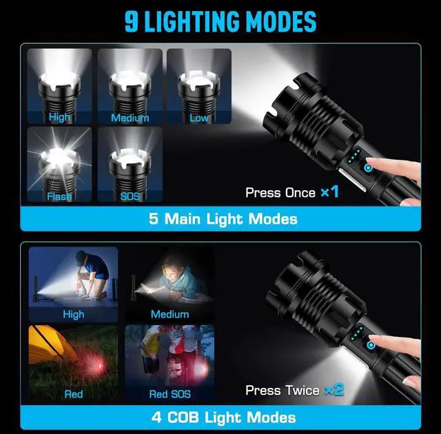 Alt view image 12 of 14 - 990000 High Lumens Flashlights Rechargeable with COB Work Light Super Bright LED Flashlight Zoomable&14 Modes &Waterproof Tactical Flashlight for Emergencies,Camping,Hiking,Outdoor,Indoor