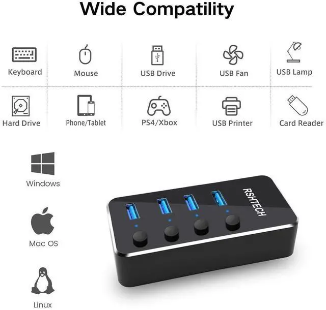 Alt view image 11 of 12 - Powered USB Hub, 4 Port USB 3.0 Hub Splitter Portable Aluminum USB Data Hub Expander with Individual On/Off Switch and Universal 5V AC Adapter, 3.3ft USB 3.0 Cable (RSH-516)