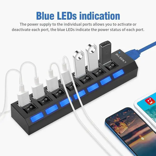 Alt view image 11 of 14 - USB 3.0 Hub, 7 Ports USB Splitter USB A Port Data Hub with Independent On/Off Switch and LED Indicators, Lights for Laptop, PC, Computer, Mobile HDD, Flash Drive and More