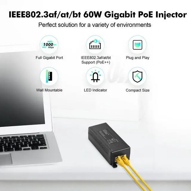 Alt view image 9 of 14 - Gigabit PoE+ Injector 60W, PoE Adapter Compliant with 802.3af/at/bt, 10/100/1000Mbps, Plug & Play, Distance Up to 100 Meters (328 ft.)