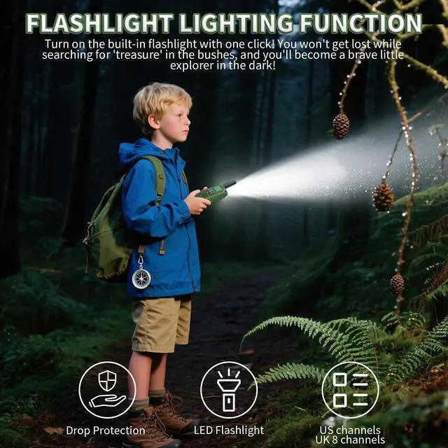 Alt view image 12 of 14 - Walkie Talkies for Kids 2 Pack Rechargeable 3 Miles Long Range Walkie Talkies with NOAA,22 Channels for 6-18 Years Old, 2 Way Radio Toys Gifts for Boys Outdoor Adventure Game Camping Hiking (Green)
