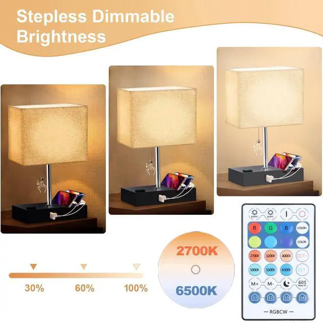 Alt view image 11 of 14 - RGB Smart Table Lamp with Remote Control - Alexa Lamp for Bedroom with Voice & APP Control & Music Sync, Dimmable Nightstand Lamp with Charging Station for Living Room, Alexa Bulb Included