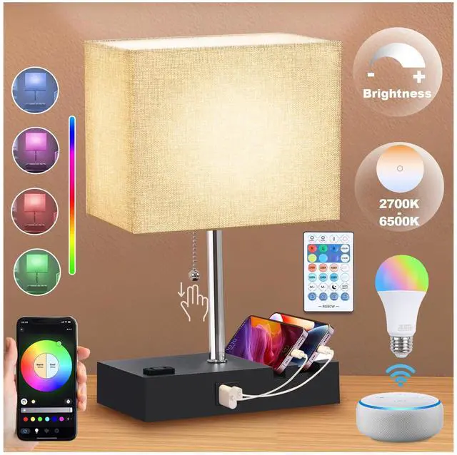 Alt view image 8 of 14 - RGB Smart Table Lamp with Remote Control - Alexa Lamp for Bedroom with Voice & APP Control & Music Sync, Dimmable Nightstand Lamp with Charging Station for Living Room, Alexa Bulb Included