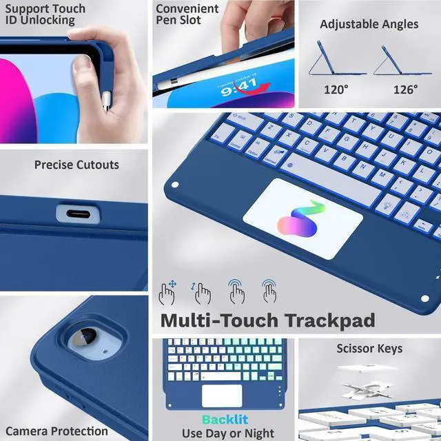 Alt view image 10 of 14 - Touch Keyboard Case for iPad (A16) 11th Generation 11 inch 2025, iPad 10th Generation 10.9 inch Case with Pencil Holder, 7 Colors Backlit Multi-TrackPad Detachable Bluetooth Keyboard, Navy Blue