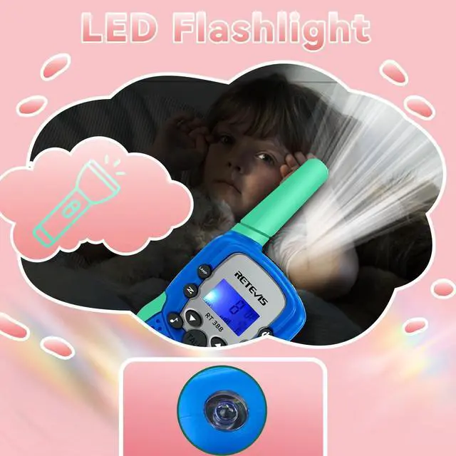 Alt view image 10 of 14 - RT388 Walkie Talkies for Kids, Toys for 6-12 Year Old Boy Girl, Long Range 2 Way Radio 22 Channel with Backlit LCD Flashlight, Kids Gifts for Boys Girls Family Games Outdoor(Blue Green 1 Pair)