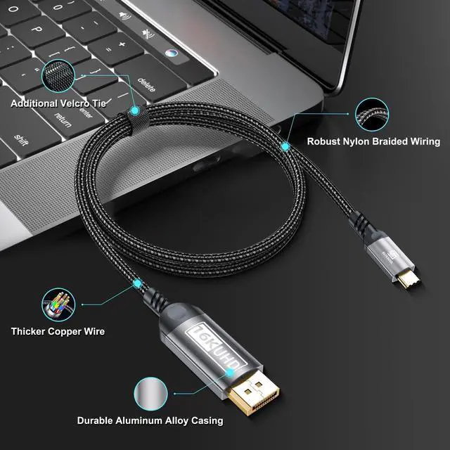 Alt view image 14 of 14 - USB-C to DisplayPort Cable 6.6ft (16K@60Hz 8K@120Hz), 80Gbps USB C to DP 2.1 Cord Thunderbolt 3/4/5 Compatible with MacBook Pro/Air, for iPhone 17 Pro Max, for iPad Pro, for iMac, for XPS.