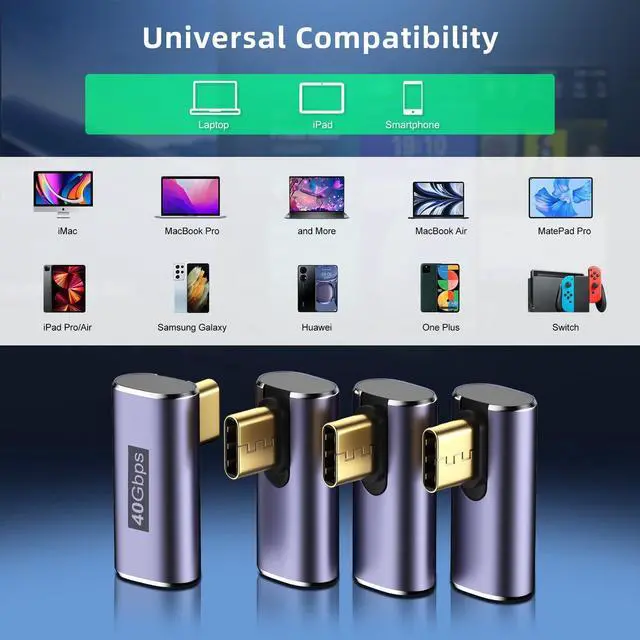 Alt view image 13 of 14 - USB C Right Angle Adapter (4 Pack) USBC 90 Degree Adapter with 8K 60Hz Video 40 Gbps Data Transfer PD 100W Compatible for Thunderbolt 3/4, MacBook Pro/Air, USBC HUB/Dock and More Type C Devices