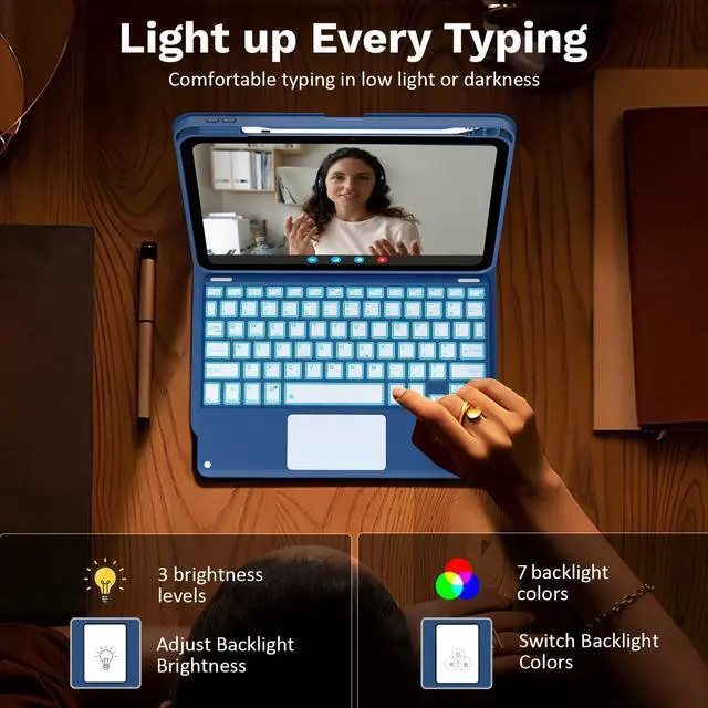Alt view image 13 of 14 - Touch Keyboard Case for iPad (A16) 11th Generation 11 inch 2025, iPad 10th Generation 10.9 inch Case with Pencil Holder, 7 Colors Backlit Multi-TrackPad Detachable Bluetooth Keyboard, Navy Blue