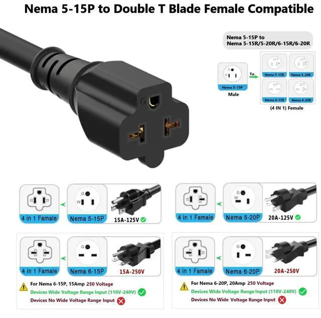 Alt view image 12 of 14 - 6FT 12AWG Heavy Duty Right-Angle 15Amp to 20Amp Extension Cord,90-Degree 15 Amp Household Plug to 20 Amp T Blade Extension Cable, Nema 5-15P to 5-15R 5-20R 6-15R 6-20R, Angled 15A to 20A AC Power Cord