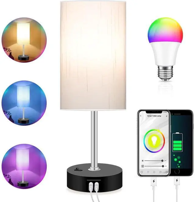 Alt view image 8 of 14 - Bedroom Lamp with Smart RGB LED Bulb, Multicolor Changing Table Lamp for Bedroom with 2 USB Port, Dimmable Bedside Lamp Work with Alexa, Smart Nightstand Light for Living Room Sync with Music(2.4GHz)