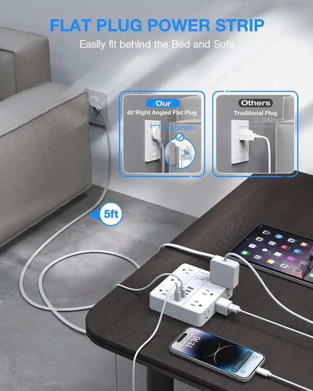 Alt view image 10 of 14 - Surge Protector Power Strip, 5 Ft Flat Plug Extension Cord with 12 Widely Spaced Multiple Outlets 6 USB (2 USB C Ports), Outlet Extender with Power Switch for Home Office Supplies, White