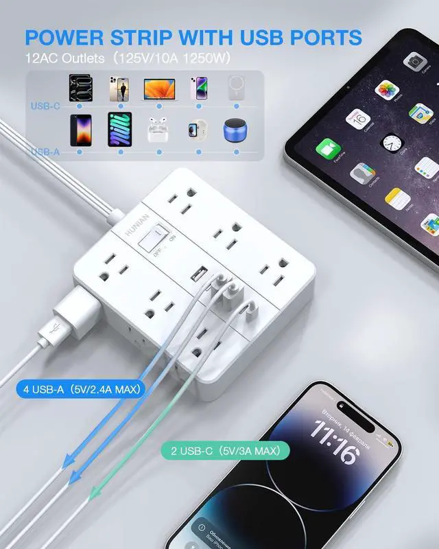 Alt view image 11 of 14 - Surge Protector Power Strip, 5 Ft Flat Plug Extension Cord with 12 Widely Spaced Multiple Outlets 6 USB (2 USB C Ports), Outlet Extender with Power Switch for Home Office Supplies, White