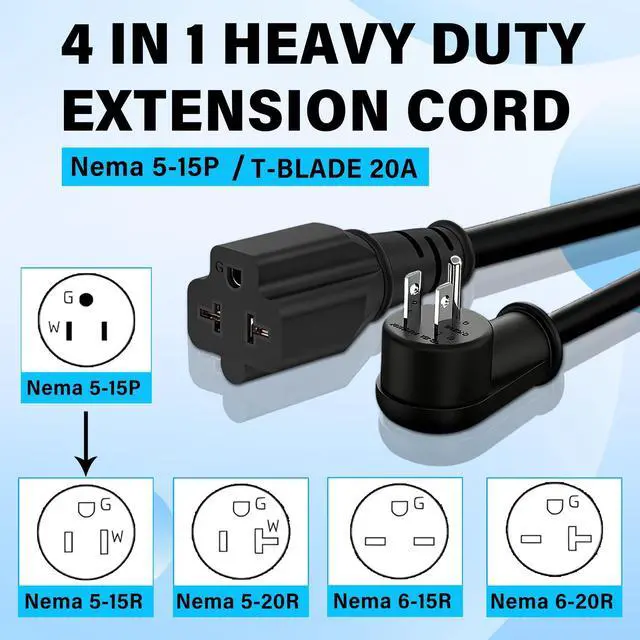Alt view image 9 of 14 - 12AWG Heavy-Duty Extension Cord,4-in-1 15A Household AC Plug to 20A T-Shaped Blade Adapter Cable,3FT Extension Cord Power Adapter,NEMA 5-15P to 5-15R,5-20R,6-15R,6-20R AC Extension Wire(Black).