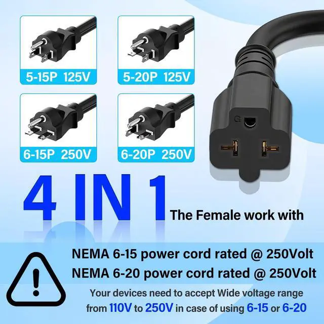 Alt view image 13 of 14 - 12AWG Heavy-Duty Extension Cord,4-in-1 15A Household AC Plug to 20A T-Shaped Blade Adapter Cable,3FT Extension Cord Power Adapter,NEMA 5-15P to 5-15R,5-20R,6-15R,6-20R AC Extension Wire(Black).