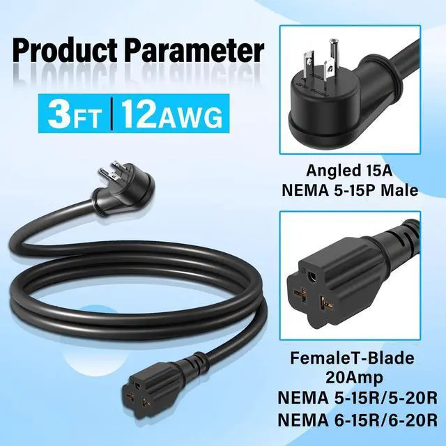 Alt view image 10 of 14 - 12AWG Heavy-Duty Extension Cord,4-in-1 15A Household AC Plug to 20A T-Shaped Blade Adapter Cable,3FT Extension Cord Power Adapter,NEMA 5-15P to 5-15R,5-20R,6-15R,6-20R AC Extension Wire(Black).