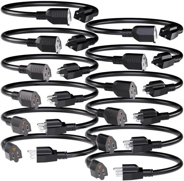 Alt view image 8 of 14 - 12 Pack Short Extension Cord 1 Foot Black, 16/3 Gauge Indoor Power Extension Cable, 13A 125V 1625W 16AWG, 3 Prong Outlet Saver NEMA 5-15P to NEMA 5-15R, ETL Listed POWGRN