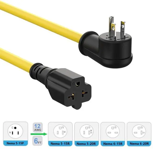 Alt view image 9 of 14 - 6FT Heavy Duty 15Amp Right-Angle Extention Cable, 12AWG 90-Degree 15 Amp Household Plug to 20 Amp T Blade Adapter cord, Nema 5-15P to 5-20R,5-15P to 6-15R/20R, 125V 15A to 20A AC Power Cable Extension