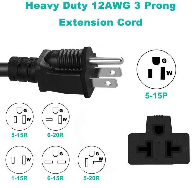 Alt view image 9 of 14 - 15 FT 12 Gauge Extension Cord, 12AWG 15Amp 5-15P Household AC Plug Adapter to 20Amp 5-15R, 5-20R, 6-15R, 6-20R, T Blade Outlet Power Cord.