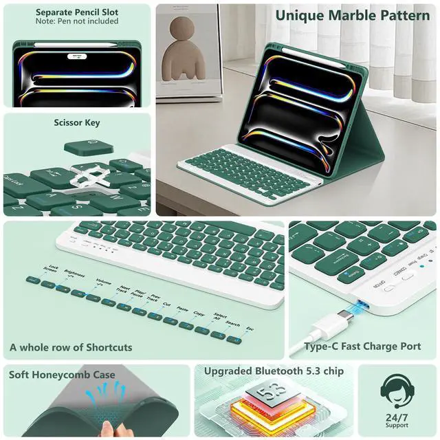 Alt view image 14 of 14 - Keyboard Case for iPad Pro 13 inch (M5/M4) 2025/2024, Magnetic Detachable Colorful Keys for iPad Pro 13 inch Case with Keyboard, Folio Case for iPad pro 13'' M5/M4 with Pencil Holder - Green