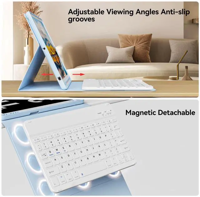 Alt view image 9 of 14 - Keyboard Case for iPad 9th/8th/7th Generation (10.2 Inch, 2021/2020/2019), Smart Magnetic Detachable Wireless Bluetooth Keyboard, Folio Stand Cover with Pencil Holder, Sky Blue