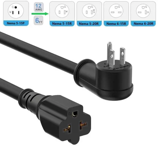 Alt view image 9 of 14 - 6FT 12AWG Heavy Duty Right-Angle 15Amp to 20Amp Extension Cord,90-Degree 15 Amp Household Plug to 20 Amp T Blade Extension Cable, Nema 5-15P to 5-15R 5-20R 6-15R 6-20R, Angled 15A to 20A AC Power Cord