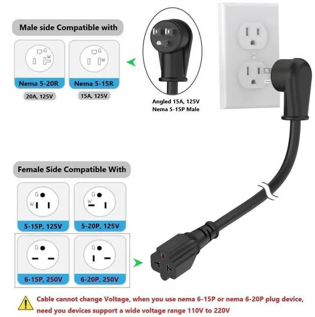Alt view image 10 of 14 - 6FT 12AWG Heavy Duty Right-Angle 15Amp to 20Amp Extension Cord,90-Degree 15 Amp Household Plug to 20 Amp T Blade Extension Cable, Nema 5-15P to 5-15R 5-20R 6-15R 6-20R, Angled 15A to 20A AC Power Cord