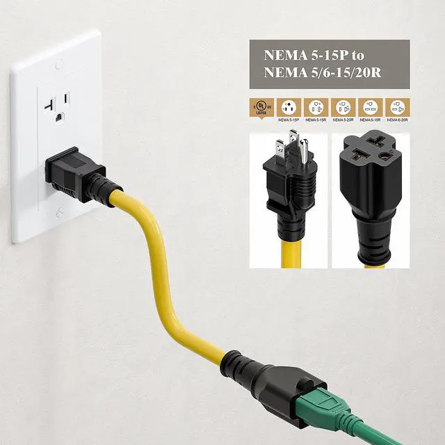 Alt view image 14 of 14 - 4-1 12AWG Heavy Duty 15 Amp Household AC Plug to 20 Amp T Blade Adapter Cable,5-15P to 5-20R to 6-15R to 6-20R, AC Power Adapter, L=1FT