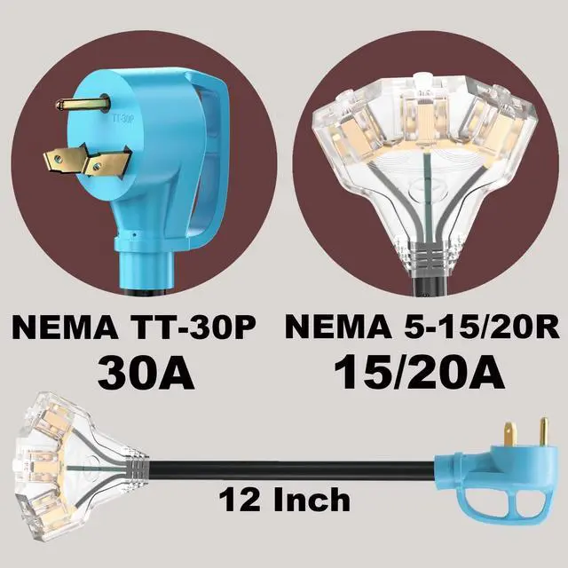 Alt view image 9 of 14 - 30 Amp to 110V RV/Generator Distribution Adapter Cord, NEMA TT-30P Male to 3X 5-15R/5-20R T-Blade Household Outlet Female with LED Power Indicator 3750W