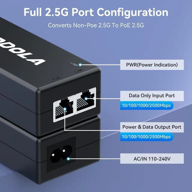 Alt view image 11 of 14 - Gigabit Power Over Ethernet Plus Injector, PoE+ (30W) Power Network Distances Up to 100M (328 ft.), 2.5Gb PoE Injector,30W Power Over Ethernet PoE Injector Adapter
