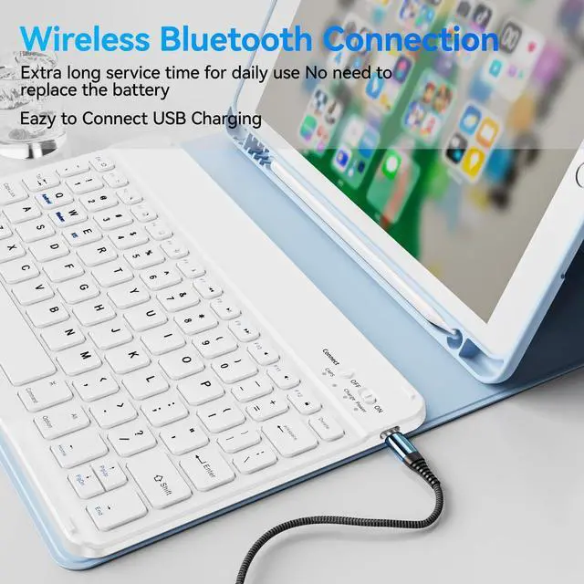 Alt view image 10 of 14 - Keyboard Case for iPad 9th/8th/7th Generation (10.2 Inch, 2021/2020/2019), Smart Magnetic Detachable Wireless Bluetooth Keyboard, Folio Stand Cover with Pencil Holder, Sky Blue
