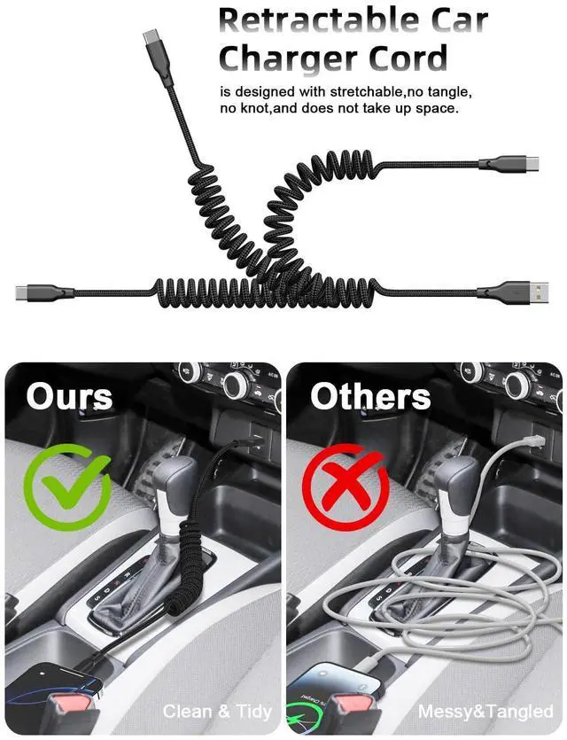 Alt view image 9 of 14 - Car Carplay Cable 2Pack 3ft Coiled USB A to USB C Fast Charge Cord for iPhone 17/16/15/Plus/Pro Max/MacBook Pro, Auto Coiled Retractable iPhone Car Cord
