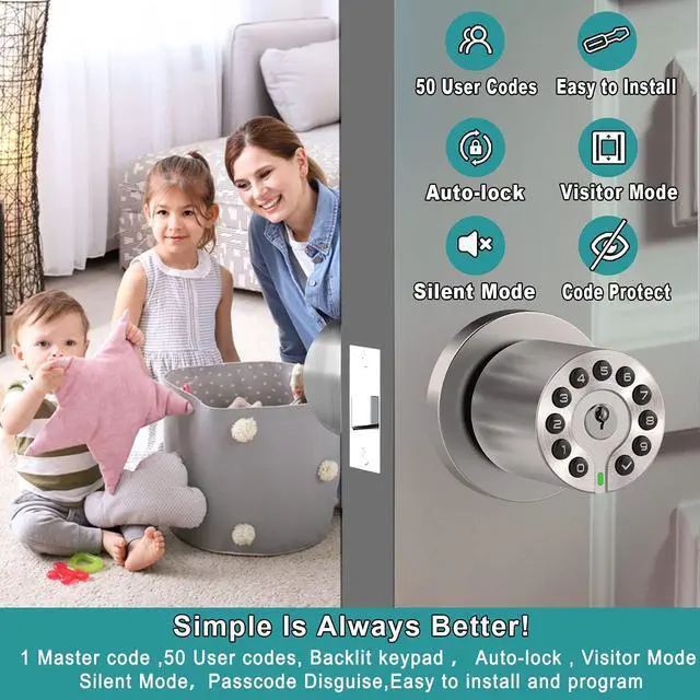 Alt view image 9 of 14 - Keypad Door Knob with Key,Keyless Entry Door Lock, Code Locks Door Knob, Auto Lock,50 User Code, for Home,Office,Hotel,Bedroom,Garage,Not Deadbolt