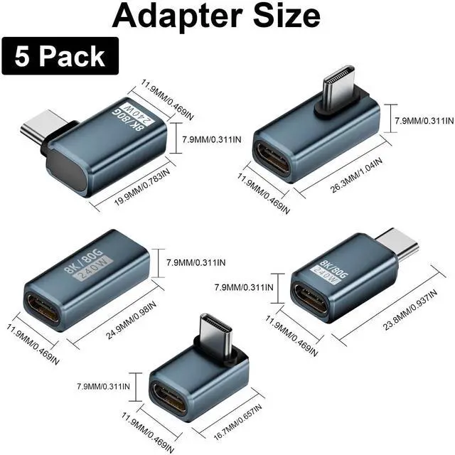 Alt view image 14 of 14 - 80Gbps USB C 90 Degree Adapter240W Charging/ 8K@60Hz Video 90 Degree USB C Adapter Right Angle Type C Extender Compatible for Thunderbolt 5/4, iPhone 16, Steam Deck,5-Pack
