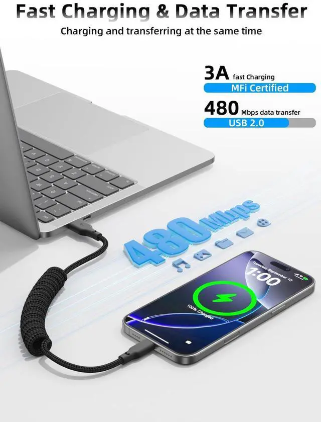Alt view image 14 of 14 - Car Carplay Cable 2Pack 3ft Coiled USB A to USB C Fast Charge Cord for iPhone 17/16/15/Plus/Pro Max/MacBook Pro, Auto Coiled Retractable iPhone Car Cord