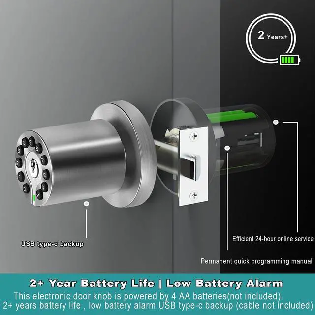 Alt view image 11 of 14 - Keypad Door Knob with Key,Keyless Entry Door Lock, Code Locks Door Knob, Auto Lock,50 User Code, for Home,Office,Hotel,Bedroom,Garage,Not Deadbolt