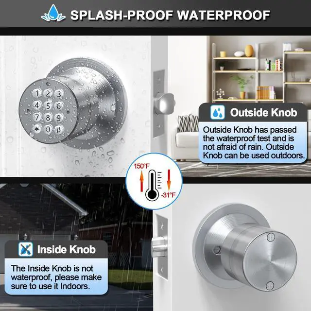 Alt view image 14 of 14 - Keyless Entry Door Lock, Door Knob with Keypad, Smart Code Door Lock, Mute Mode, Passage Function, Easy to Install, Satin Nickel